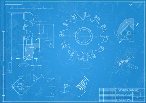 Mechanical engineering drawings on blue background. Cutting tools, milling cutter. Technical Design. Cover. Blueprint. Vector illustration.