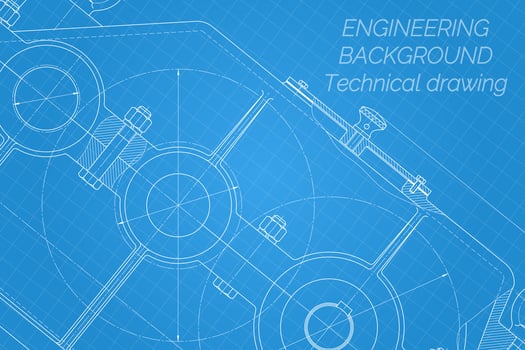 Mechanical engineering drawings on blue background. Reducer. Technical Design. Cover. Blueprint. Vector illustration.