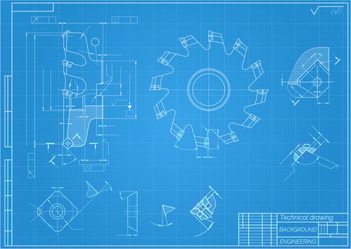 Mechanical engineering drawings on blue background. Cutting tools, milling cutter. Technical Design. Cover. Blueprint. Vector illustration.