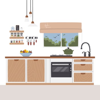 Modern kitchen set design next to window. On wall shelves and knife magnetic strip. Different species organizers and containers with groats. Kitchen interior scene hand drawn flat vector illustration