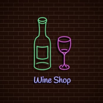 Wine shop. Neon green and pink sign. light banner. Vector Illustration.