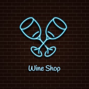 Wine shop. Neon blue sign. light banner. Vector Illustration.