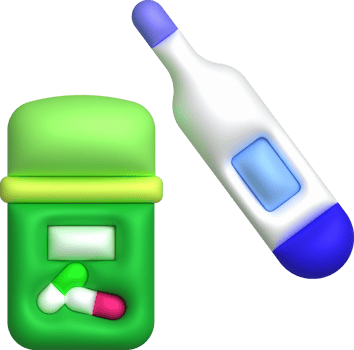 3D icon.Measurement thermometer and fever medicine bottle. png