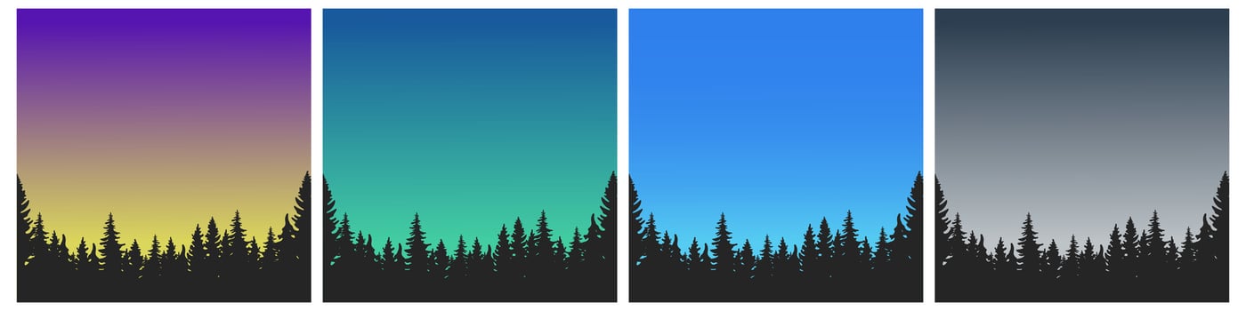Seamless forest with northern lights in the mountains. Pine and spruce outdoor horizon banner gradient background. Vector illustration