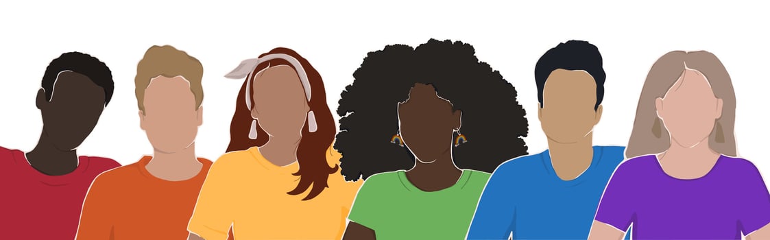 people of different ethnic groups together in rainbow t-shirts. hand drawn illustration for pride month. to support the lgbt community. vector