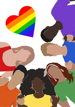 people from different ethnic groups in rainbow-colored clothes are holding hands. LGBT community. Human rights. LGBTQ. Flat vector illustration, pride month. for magazine cover, cover, book