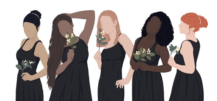 a set of drawn women from different ethnic groups in black dresses, holding flowers in their hands. vector modern flat illustration. isolated by layers. for postcard, poster, banner, magazine cover