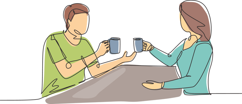 Single continuous line drawing a young couple holding a cup of hot coffee, preparing a toast to celebrate the success of an office work project. Dynamic one line draw graphic design illustration png