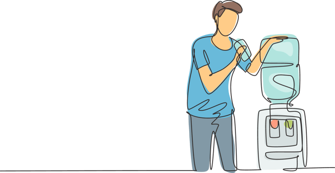 Single one line drawing young man drinking fresh water in a glass while standing next to a water dispenser filled with gallons of water. Modern continuous line draw design graphic illustration png