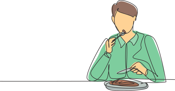 Continuous one line drawing young man having steaks meal with fork and knife around table. Enjoy lunch at restaurant. Delicious and healthy food. Single line draw design graphic illustration png