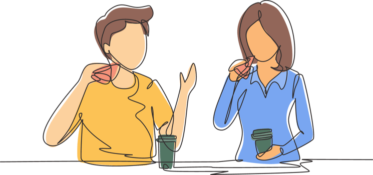 Continuous one line drawing young couple having hamburger meal around table at restaurant. Happy teenagers talking, smiling and laughing together. Single line draw design graphic illustration png