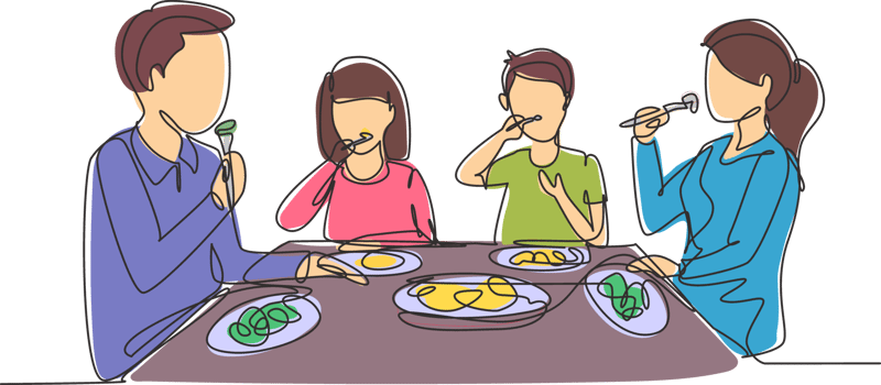 Single continuous line drawing family eating meal around kitchen table. Happy daddy, mom and two kids sitting eating healthy lunch in home. Dynamic one line draw graphic design illustration png