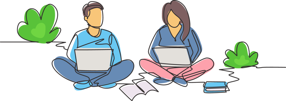 Single one line drawing couple with laptop sitting at the park together. Freelance, distance learning, online courses, studying concept. Modern continuous line draw design graphic illustration png