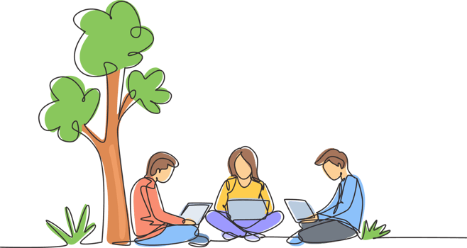Single one line drawing three students studying with laptop and sitting at the park together. Back to school, online education concept. Modern continuous line draw design graphic illustration png