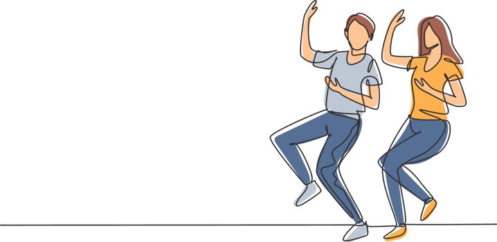 Single continuous line drawing man and woman dancing Lindy hop or Swing. Male and female characters performing dance at school. Happy couple. Dynamic one line draw graphic design illustration png