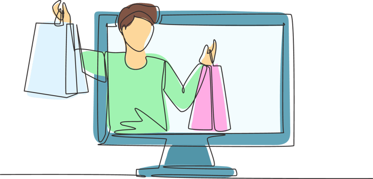Single continuous line drawing young man coming out of monitor screen holding shopping bags. Sale, digital lifestyle and consumerism concept. Dynamic one line draw graphic design illustration png