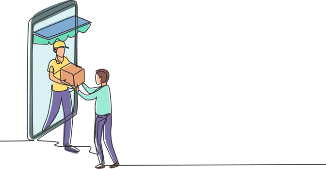 Continuous one line drawing male courier comes out of canopy giant smartphone screen and gives package box to male customer. Fast respond delivery. Single line draw design graphic illustration png