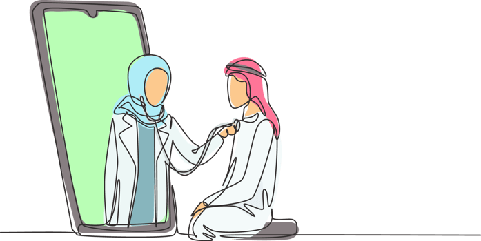 Single continuous line drawing hijab female doctor comes out of smartphone screen and checks male patient's heart rate using stethoscope sitting on chair. One line graphic design illustration png