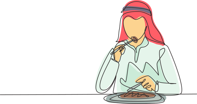 Continuous one line drawing young Arabian man having steaks meal with fork and knife around table. Enjoy lunch at restaurant. Delicious tasty food. Single line draw design graphic illustration png