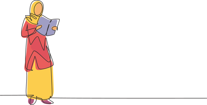 Single continuous line drawing young Arab woman reading, learning and standing in library. Study alone. Intelligent student, education concept. Dynamic one line draw graphic design illustration png