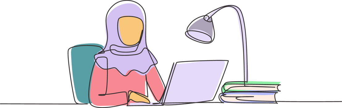 Single continuous line drawing Arabian girl studying with laptop and study lamp sitting on chair around desk. Back to school, online education concept. One line draw graphic design illustration png
