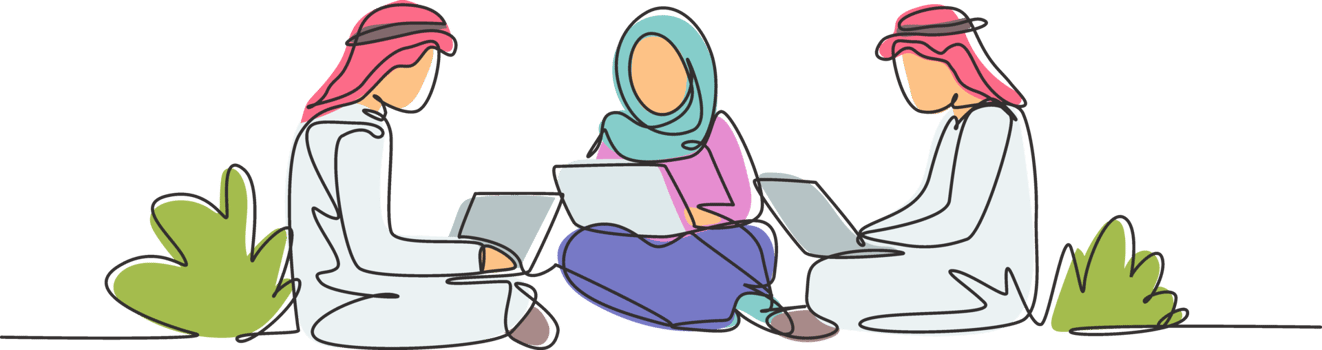 Single continuous line drawing three Arabian students studying with laptop and sitting at the park together. Back to school, online education concept. One line draw graphic design illustration png