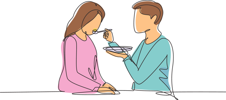 Continuous one line drawing romantic male feeds his wife. Happy young couple having dinner together at restaurant. Celebrate wedding anniversaries. Single line draw design graphic illustration png