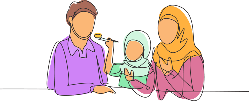 Continuous one line drawing Arab family having fun together in modern restaurant. Daughter feeds her father with love. Happy little family concept. Single line draw design graphic illustration png