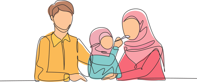 Single continuous line drawing Arab family having fun together in modern restaurant. Daughter feeds her mother with love. Happy little family concept. One line draw graphic design illustration png