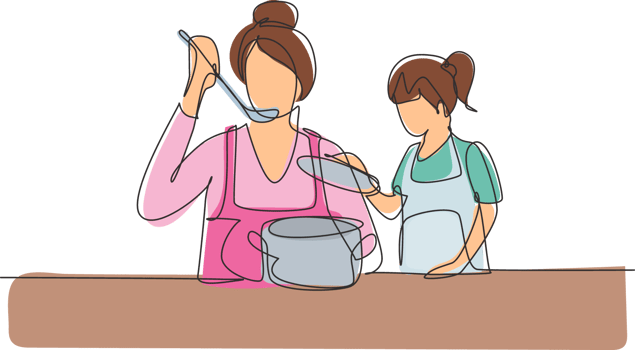 Continuous one line drawing little daughter holding pan lid and her beautiful mom tasting food using cooking spoon. Cooking together in kitchen. Single line draw design graphic illustration png
