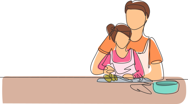 Single continuous line drawing father teaching his little daughter to cut vegetables and fruit. Healthy food at home. Happy family in kitchen. Dynamic one line draw graphic design illustration png
