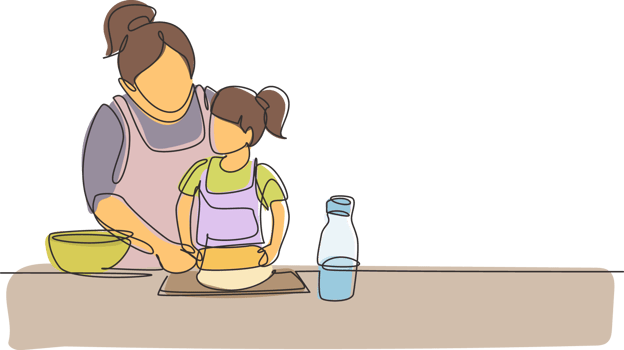 Single continuous line drawing beautiful young mom and her cute little daughter are playing and smiling while baking in kitchen at home. Dynamic one line draw graphic design illustration png