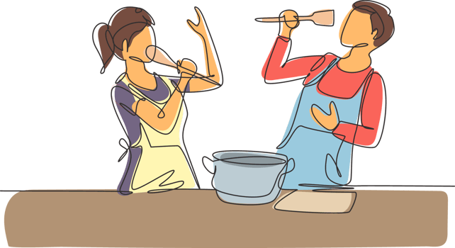 Continuous one line drawing happy romantic couple singing while cooking together, using spatula and broccoli as microphones. Kitchen fun concept. Single line draw design graphic illustration png