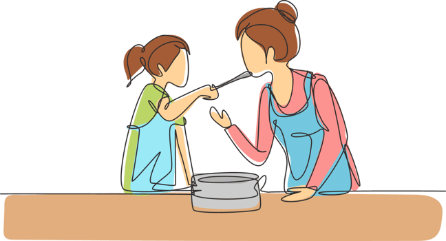 Single one line drawing happy mother tasting food given by her beautiful daughter. Cooking for lunch together in cozy kitchen at home. Modern continuous line draw design graphic illustration png