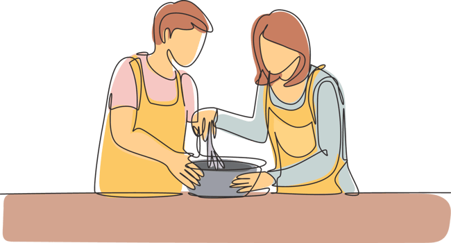 Single continuous line drawing happy romantic couple knead cake dough using manual hand mixer. Enjoying kneading cake dough together at home. Dynamic one line draw graphic design illustration png
