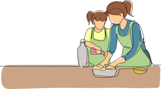 Single one line drawing cute little daughter helping her mother make dough by adding olive oil. Pastry preparation in cozy kitchen at home. Continuous line draw design graphic illustration png