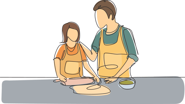 Single one line drawing happy father and daughter wearing apron cook in kitchen. Enjoying kneading cake dough or bakery together at home. Modern continuous line draw design graphic illustration png