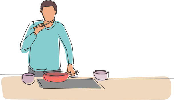 Continuous one line drawing young handsome male mixing tomato sauce, tasting, and relish meal with wooden spatula. Prepare food at cozy kitchen. Single line draw design graphic illustration png