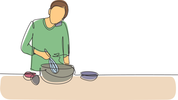 Single continuous line drawing man talks on smartphone while preparing dinner while standing in kitchen and knead cake dough using manual hand mixer. One line draw graphic design illustration png