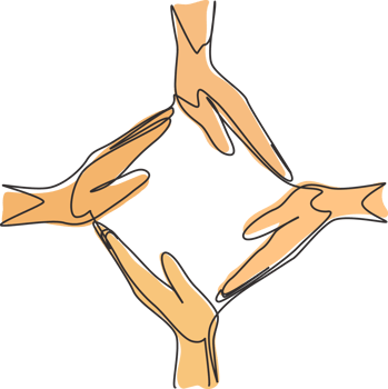 Continuous one line drawing four palm hands make square frame shape. Symbol of care, unity, sharing, trust. Communication with hand gestures. Single line draw design graphic illustration png