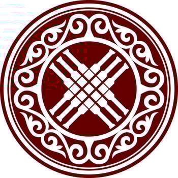 Vector red Kazakh national round ornament shanyrak. Ethnic circle, nomadic peoples of the great steppe. Turks, Kyrgyz, Mongols, Tatars, Kalmyks, Buryats.
