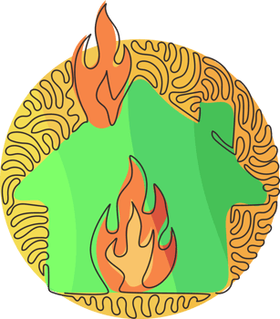 Continuous one line drawing fire line icon. House building in flames. Insurance symbol from accident prevention. Swirl curl circle background style. Single line draw design graphic illustration png