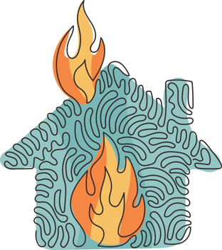 Single one line drawing fire line icon. House building in flames. Insurance symbol from financial security, safety, damage. Swirl curl style. Continuous line draw design graphic illustration png