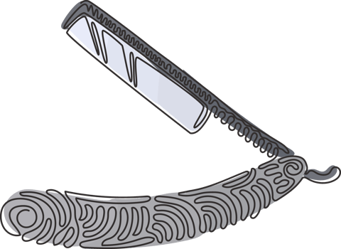 Single continuous line drawing Shaving razor. Realistic illustration of straight razor with handle and wet shave razors for men. Swirl curl style. One line draw graphic design illustration png