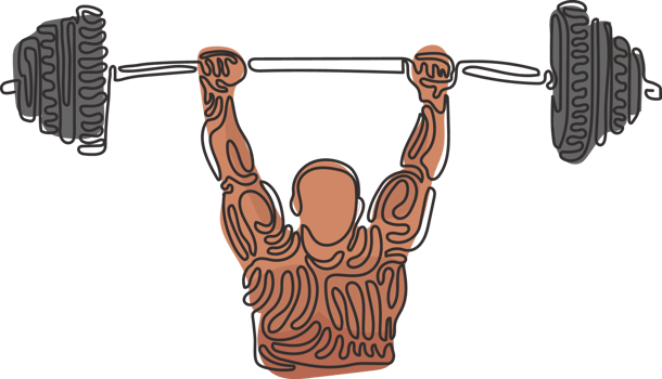 Single one line drawing Bodybuilder Fitness Model with barbell. Fitness logo badge with muscle man, Gymnastic or Body Build. Swirl curl style. Continuous line draw design graphic illustration png
