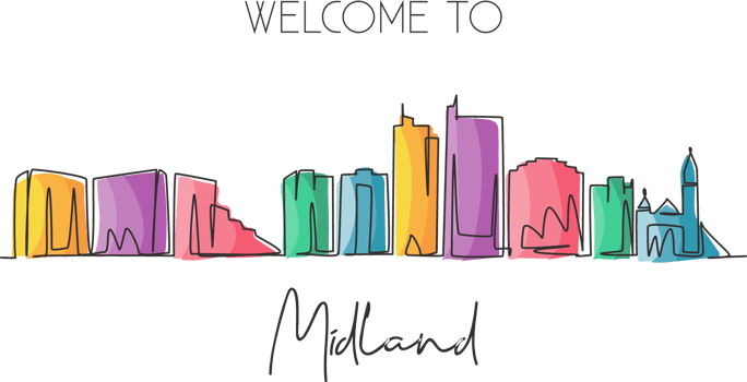 Single one line drawing Midland city skyline, Texas. World historical town landscape. Best holiday destination postcard. Editable stroke trendy continuous line draw graphic design illustration png