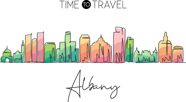 Continuous one line drawing Albany city skyline, Illinois. Beautiful landmark. World landscape tourism travel wall decor poster print art. Stylish single line draw design illustration png