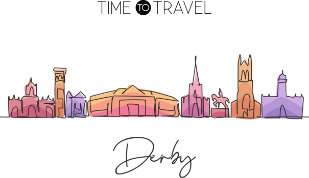 Single continuous line drawing Derby city skyline, United Kingdom. Famous city scraper landscape. World travel home wall decor art poster print concept. Modern one line draw design illustration png
