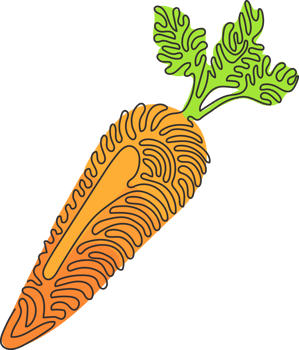 Continuous one line drawing fresh orange carrot with green leaves, health food. Carrot fresh vegetable healthy food. Swirl curl style concept. Single line draw design graphic illustration png