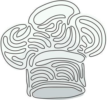 Continuous one line drawing cook chef hat or cap in sketch cartoon style. Kitchen staff uniform headwear for restaurant or cafe. Swirl curl style. Single line draw design graphic illustration png